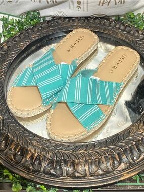 Serra Teal & White Striped Crisscross Slide Sandals